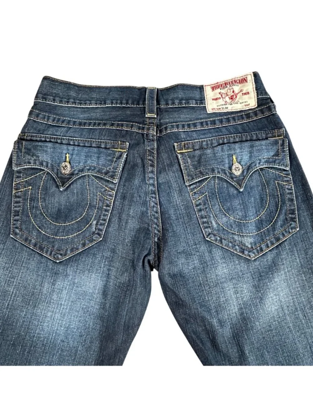 True Religion Slim Straight Jeans Mens 36 Dark Wash Premium Denim Blue Lagoon